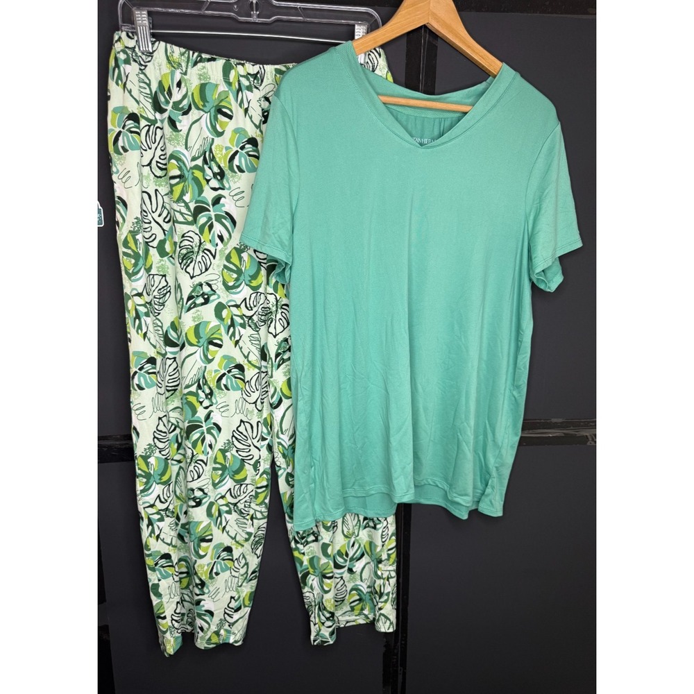Stan Herman Printed Peached 2pc Cropped Pant Lounge Set. Tropical Palm: M #58" - Picture 9 of 9